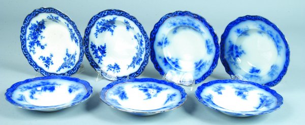 Seven Flow Blue "Touraine" Soup Plates, printed ma: Seven Flow Blue "Touraine" Soup Plates, printed makers marks, 8-3/4"diam., (good condition with one with edge nip).