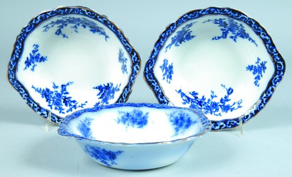 Three Flow Blue "Touraine" Open Vegetable Bowls, p: Three Flow Blue "Touraine" Open Vegetable Bowls, printed maker marks, 9-3/8"diam., (good condition) .