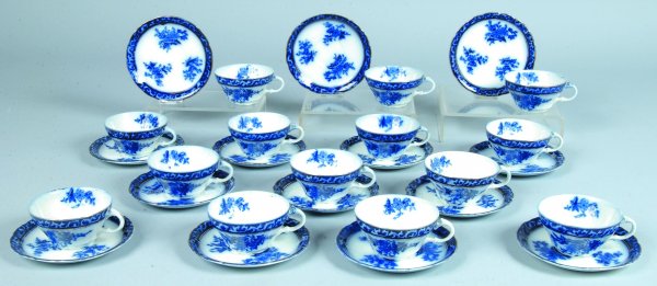 Set of Fourteen Flow Blue "Touraine" Cups and Sauc: Set of Fourteen Flow Blue "Touraine" Cups and Saucers, printed maker marks, cups 2-1/4"h. , saucers 5-7/8"diam., (good condition) .