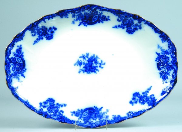 Flow Blue "Arcadia" Large Platter, printed maker m: Flow Blue "Arcadia" Large Platter, printed maker mark, 15"h. x 20-5/8"diam., (good condition).