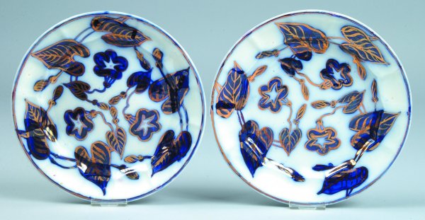 Two Gaudy Ironstone "Morning Glory" Paneled Plates: Two Gaudy Ironstone "Morning Glory" Paneled Plates, unmarked, 8-1/2"diam., (good condition).