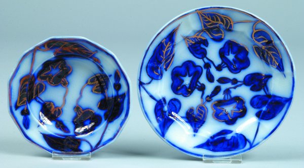 Two Pieces of Gaudy Ironstone "Morning Glory" Pane: Two Pieces of Gaudy Ironstone "Morning Glory" Paneled Sauce Bowl, 5"diam., and Paneled Plate, 6-1/4"diam., (good condition).