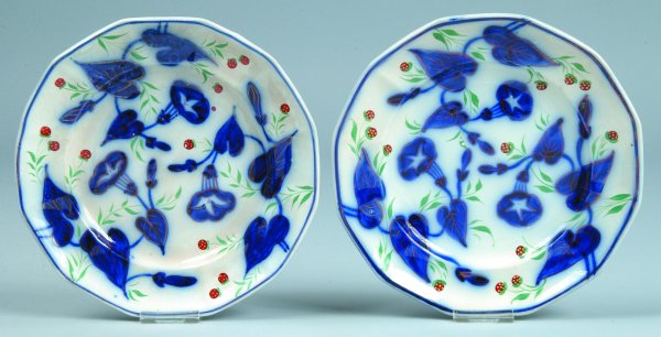 Two Gaudy Ironstone "Morning Glory" Paneled Plates: Two Gaudy Ironstone "Morning Glory" Paneled Plates with strawberry decoration, unmarked, 8"diam., (good condition).