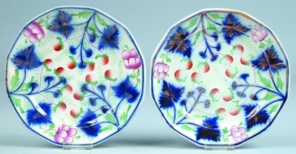 Two Gaudy Ironstone "Strawberry" Paneled Plates, u: Two Gaudy Ironstone "Strawberry" Paneled Plates, unmarked, 7-5/8"diam. (good condition).