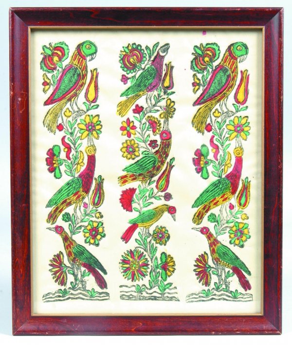 David Ludwig Illuminated Wood Block Print on Paper: David Ludwig Illuminated Wood Block Print on Paper, depicting Ephrata Cloister "Bird Panels", red, green, and yellow illuminated, signed on back "David Ludwig, York Co.", in molded wood frame, 16"h. x