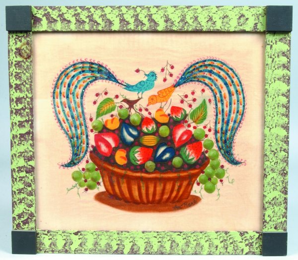 Bill Rank Theorem Depicting Fruit in Bowl and Fan: Bill Rank Theorem Depicting Fruit in Bowl and Fancy Tailed Birds, polychrome painting on velvet, in wood frame painted lime green with maroon sponge decoration and black corner blocks, signed in the l