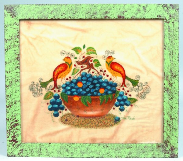 Bill Rank Theorem Depicting Bowl of Grapes and Fan: Bill Rank Theorem Depicting Bowl of Grapes and Fancy Birds, polychrome painting on velvet, in wood frame painted lime green with maroon sponge decoration, signed on the right side, "Wm. Rank", 16-1/4"