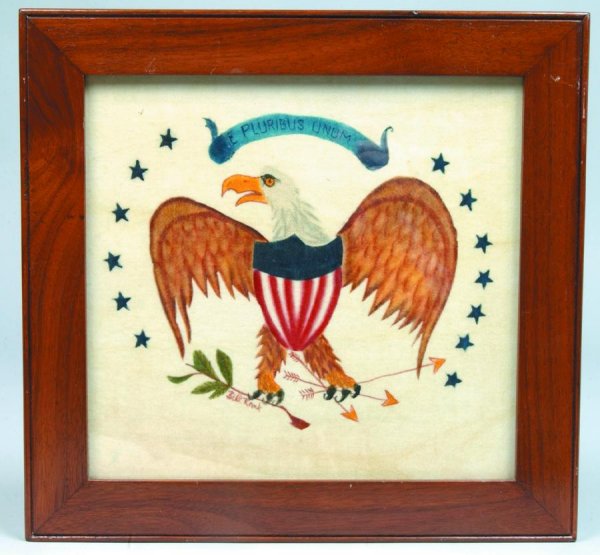 Bill Rank Theorem Depicting American Eagle, holdin: Bill Rank Theorem Depicting American Eagle, holding olive branch and arrows, polychrome painting on velvet, in wood frame, signed on bottom, "Bill Rank", 16-1/4"h. x 18-1/4"w., (good).