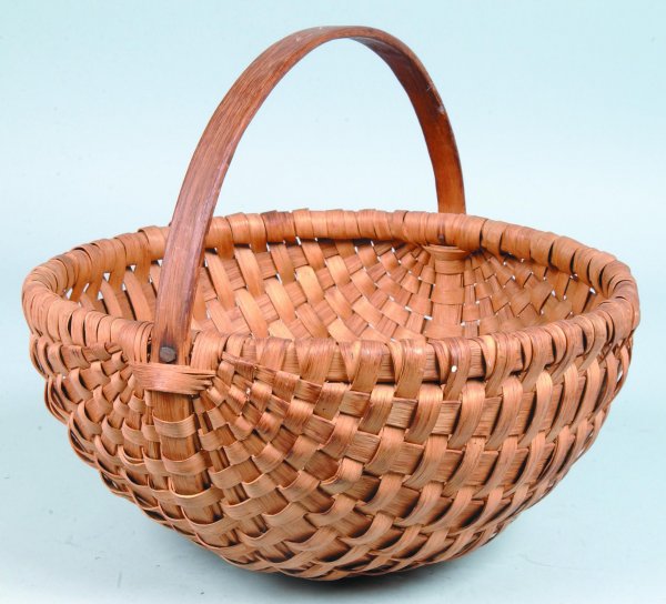 Large Splint Oak Field Basket, round form with dom: Large Splint Oak Field Basket, round form with dome bottom, carved and bent wood handle and rim, 13-1/2"h. x 16"dia., (good).