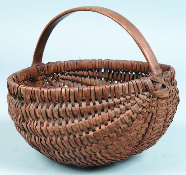 Splint Oak Ribbed Hand Basket, round form with dom: Splint Oak Ribbed Hand Basket, round form with dome bottom, carved and bent wood handle and rim, aged patina, 9-1/4"h. x 11"dia., (minor losses).