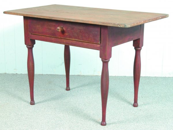 Pennsylvania Softwood Small Scrubbed Top Work Tabl: Pennsylvania Softwood Small Scrubbed Top Work Table with pie board top, dovetailed skirt drawer and bulbous turned legs, old red finish, (normal use and wear), 27" h. x 40-1/2" w. x 23" d.