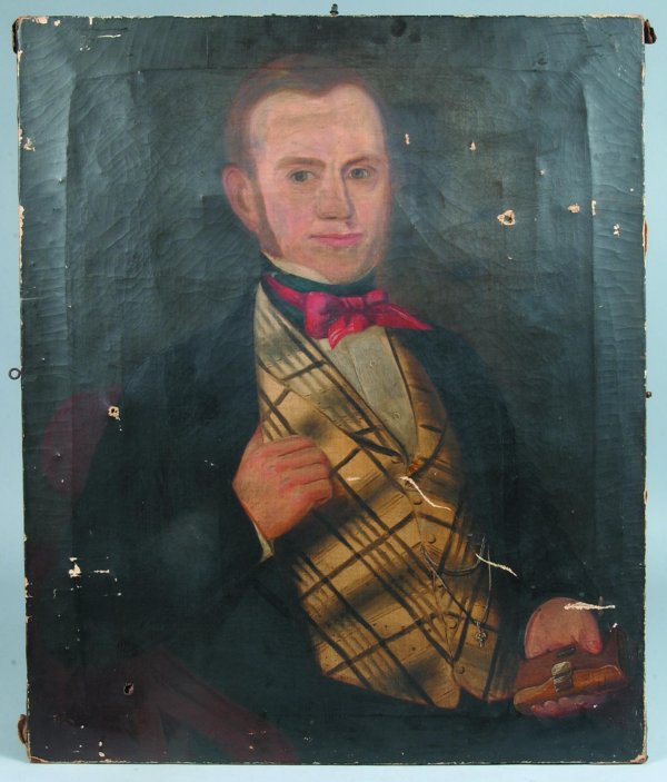 Oil on Canvas Portrait of 19th Century Man, in bla: Oil on Canvas Portrait of 19th Century Man, in black suit with yellow plaid vest and red bow tie, unsigned, on back stamped with London Art Companies and signed "Mr. Gale, Bradford, Thompson, Pinet., 