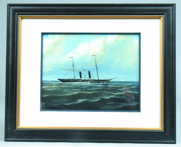 1800's Watercolor on Paper Depicting Steamboat by: 1800's Watercolor on Paper Depicting Steamboat by T. Whitfield, polychrome gouache painted, at bottom right signed "T. Whitfield", professional matted and frame, 13-3/4"h. x 16-1/2"w., (good).