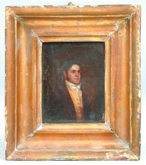 Miniature Oil on Board Portrait of Robert Brown, p: Miniature Oil on Board Portrait of Robert Brown, polychrome painted, man in yellow vest, in gilt molded wood frame, on back paper label stating "Robert George Brown Aged 80 years, born at S. Ireland 1