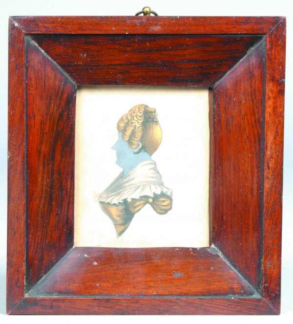 Miniature Silhouette Portrait of Woman, watercolor: Miniature Silhouette Portrait of Woman, watercolor on paper, profile of woman with gold highlights and blue form, on back paper states "J. Foster Silhouette Artist, Portsmouth." etc., unsigned, in mol