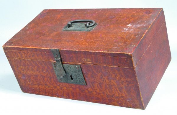 Wooden Miniature Chest with Decorated Lid, slight : Wooden Miniature Chest with Decorated Lid, slight dome lid with tin border and escutcheons, finger joints, interior till, molded base, brass box lock, floral, compass, and geometric decorations painte