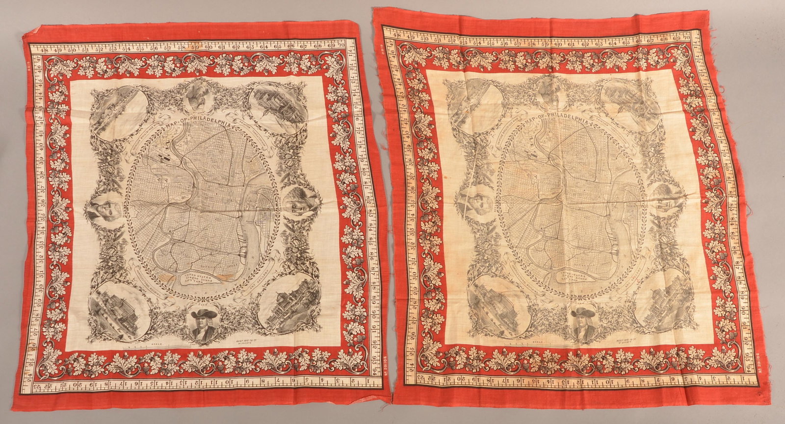 Two Maps of Philadelphia Antique Cloth Handkerchiefs.: Two 19th Century Maps of Philadelphia Cloth Handkerchiefs. Depicts a printed central map of Philadelphia surrounded by busts of Washington, franklin, Jefferson and Penn. With alternating views of the 