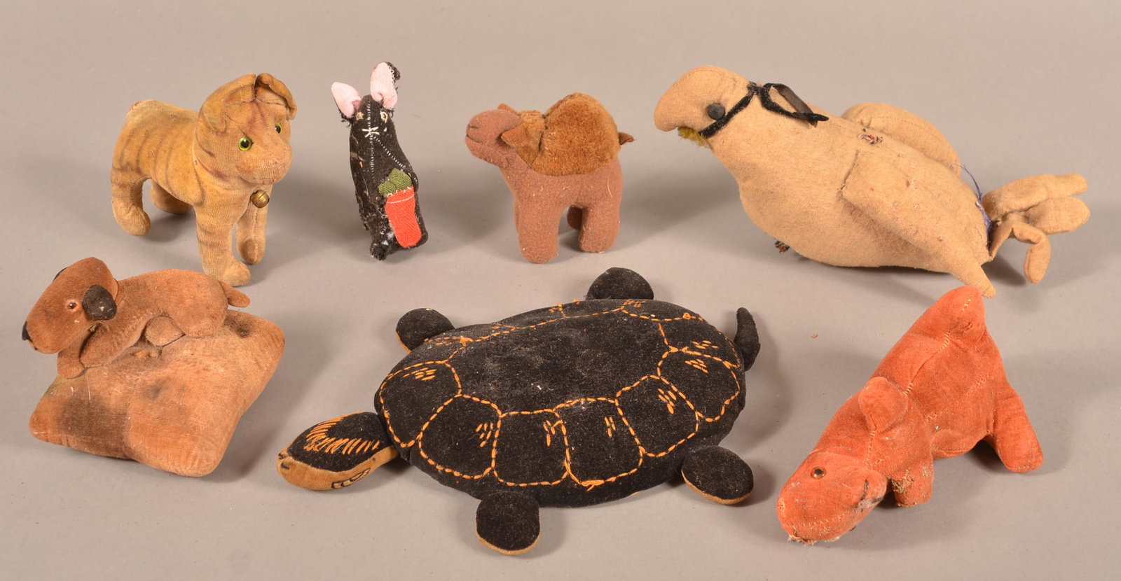 Lot of Antique/Vintage Fabric Animal and Pin Cushions.: Lot of Antique/Vintage Fabric Animal and Pin Cushions. Largest 8"h. Condition: Fair to good.