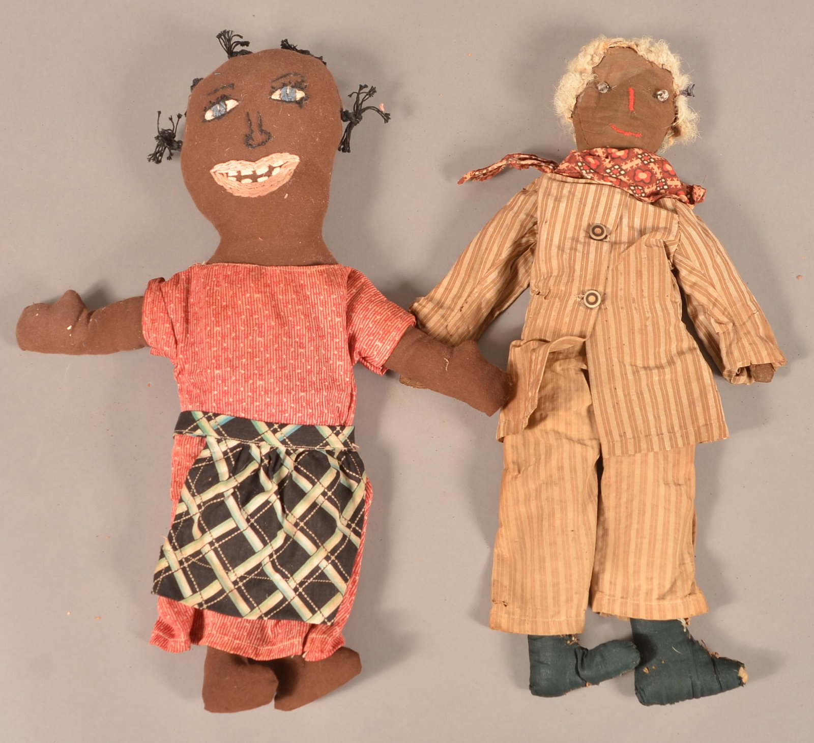 Two Antique/Vintage Black Americana Cloth Dolls.: Two Antique/Vintage Black Americana Cloth Dolls. 16"h. Condition: Good with wear.
