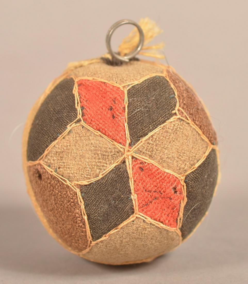 PA 19th Century Patchwork Sewing Ball Pin Cushion.: Pennsylvania Early 19th Century Patchwork Sewing Ball Pin Cushion. 2-1/4" diam. Condition: Fair with toning and wear.