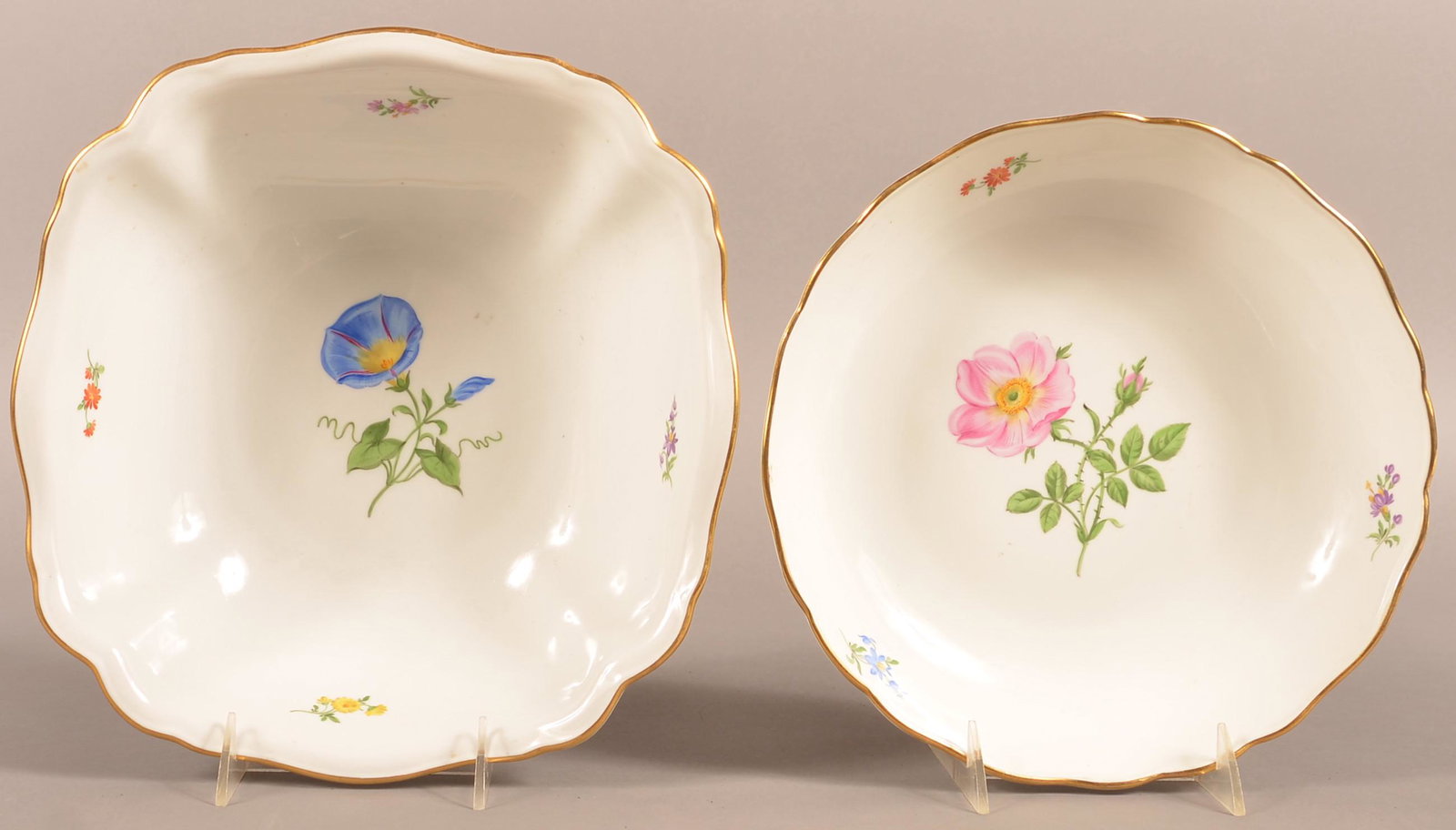 2 Antique Hand-Painted Floral Decorated Meissen Bowls.: Two Antique Hand-Painted Floral Decorated Meissen Bowls. 10" and 11" wide. Condition: Very good.