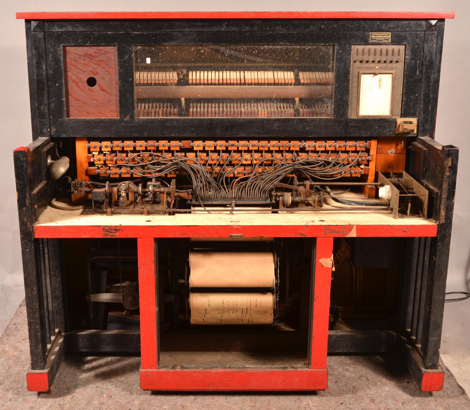 National Upright Coin Op Player Piano.: National Upright Coin Op Player Piano. SN 7179, Circa 1937. 8-Roll Changer. 55"h. x 63-1/4"w. x 29"d. Condition: Needs restoration.