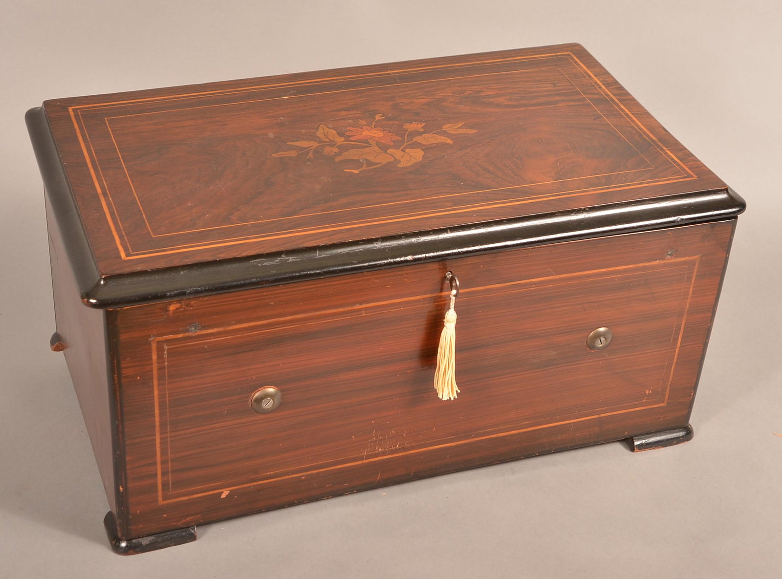 Swiss 8 Tune Cylinder Music Box with 6 Engraved Bells.: Antique Swiss 8 Tune Cylinder Music Box with 6 Engraved Bells. Rosewood inlaid case. Circa 1875-1880. Imported and sold by Henry Gautschi & Son Philadelphia, PA. 10-1/2"h. x 21-1/2"w. x 12-1/2"d. Cond
