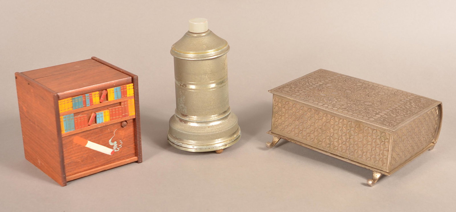 Three Vintage Cigarette Dispenser Music Boxes.: Three Vintage Cigarette Dispenser Music Boxes. Tallest 7-1/4'h. Condition: Good with wear.