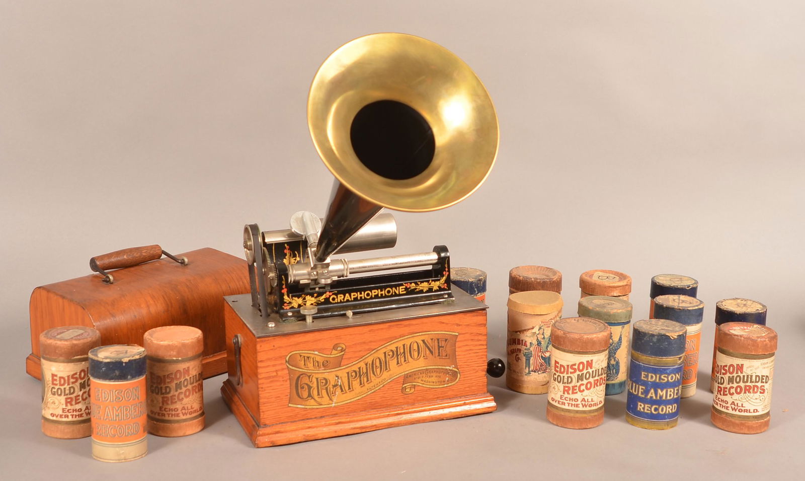 Graphophone Oak Case Cylinder Record Player.: American Graphophone Oak Case Cylinder Record Player. Type A, SN-51440. With crank and horn. Washington, D.C. (with booklet). Including 15 cylinder records with boxes. 11"h. x 11-1/2"w. x 7-1/2"d. Con