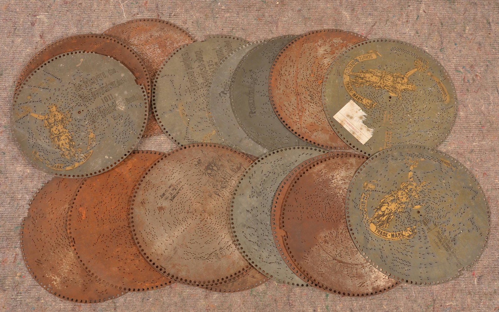 34 Regina 15-1/2" Music Discs.: 34 Regina 15-1/2" Music Discs. Condition: Good with wear.