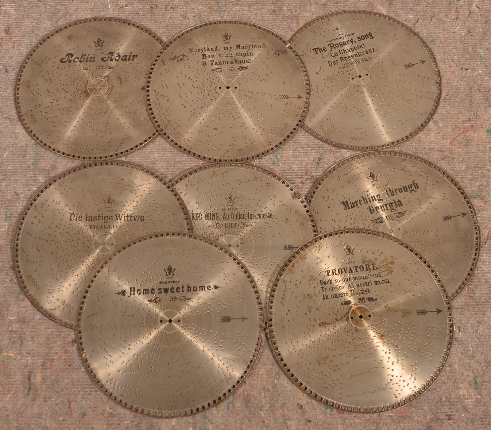 Eight 15-1/2" Music Discs.: Eight 15-1/2" Music Discs. Condition: Good with wear.