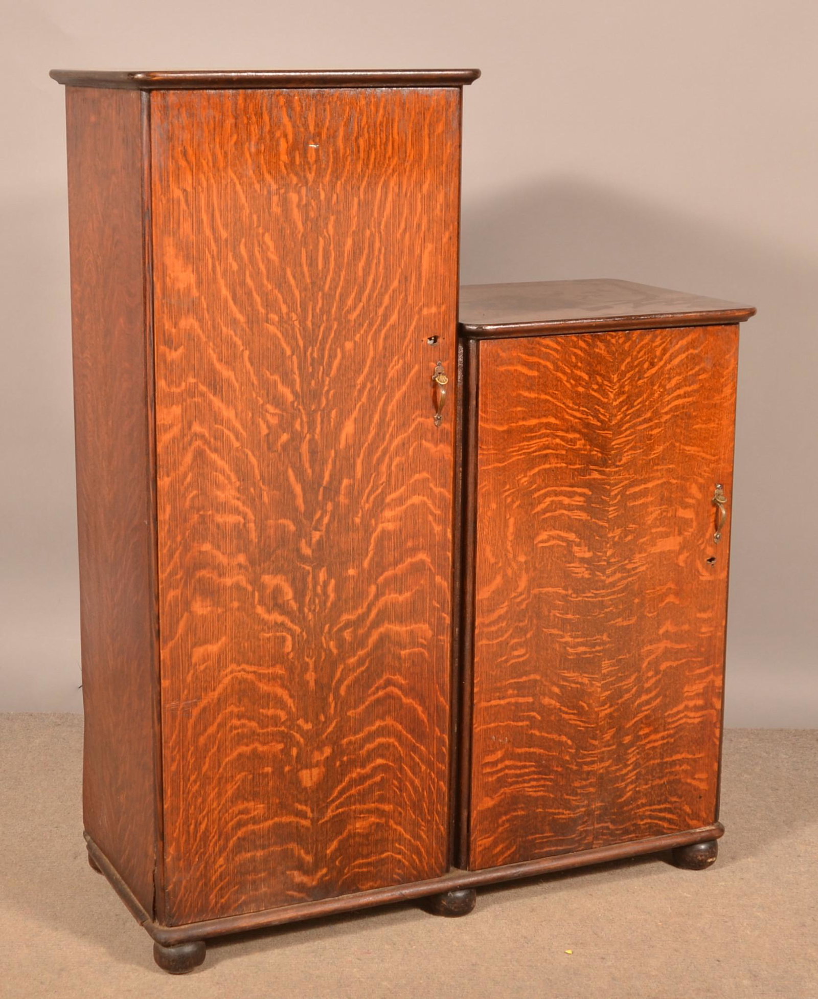 Rare Oak Stepped Double Phonograph Stand/Cabinet.: Rare Antique Quarter Sawn Oak Stepped Double Phonograph Stand/Cabinet. 47-1/2"h. x 36-1/2"w. x 16"d. Condition: Very good with minor wear.