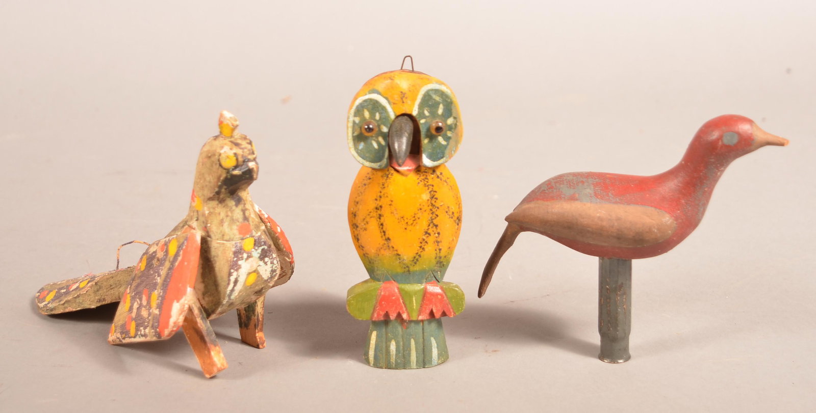 Three Antique/Vintage Carved and Painted Bird Figures.: Three Antique/Vintage Carved and Painted Bird Figures. Owl scissors holder measures 5-1/2"h. Condition: Fair to good with wear and losses.