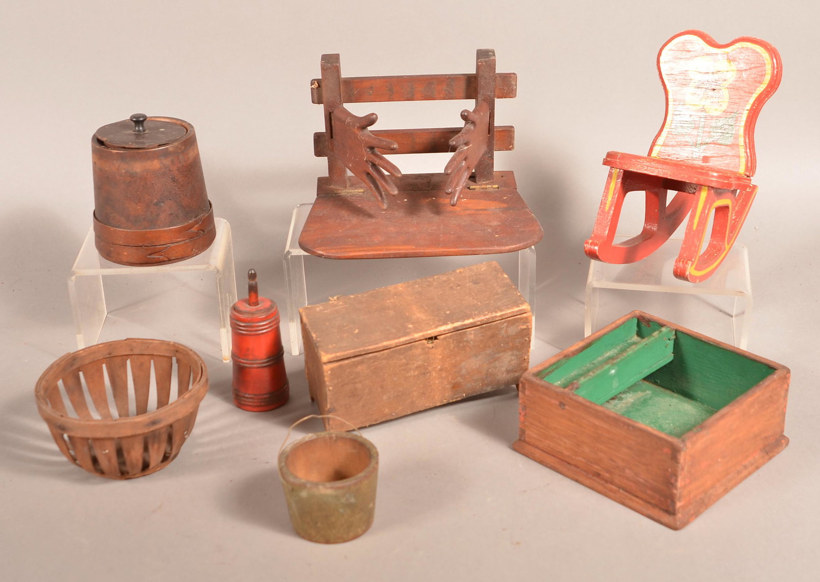 Lot of Antique Miniature Woodenwares.: Lot of Antique Miniature Woodenwares. Painted rocking chair measures 7"h. Condition: Fair to good with wear and losses.
