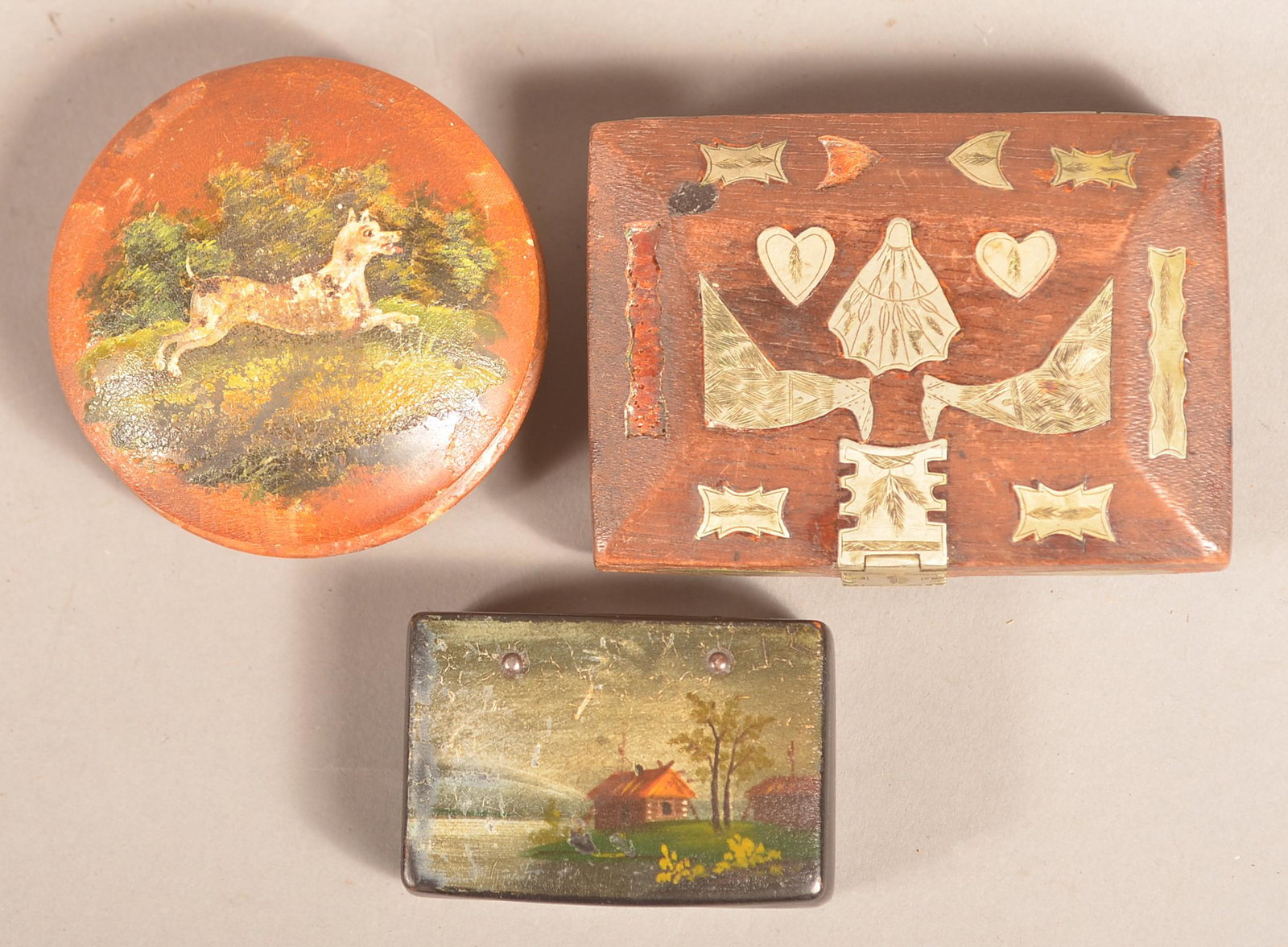 Three 19th Century Wooden Snuff Boxes.: Three 19th Century Wooden Snuff Boxes. Largest 3-1/2"w. Condition: Fair to good with wear and losses.