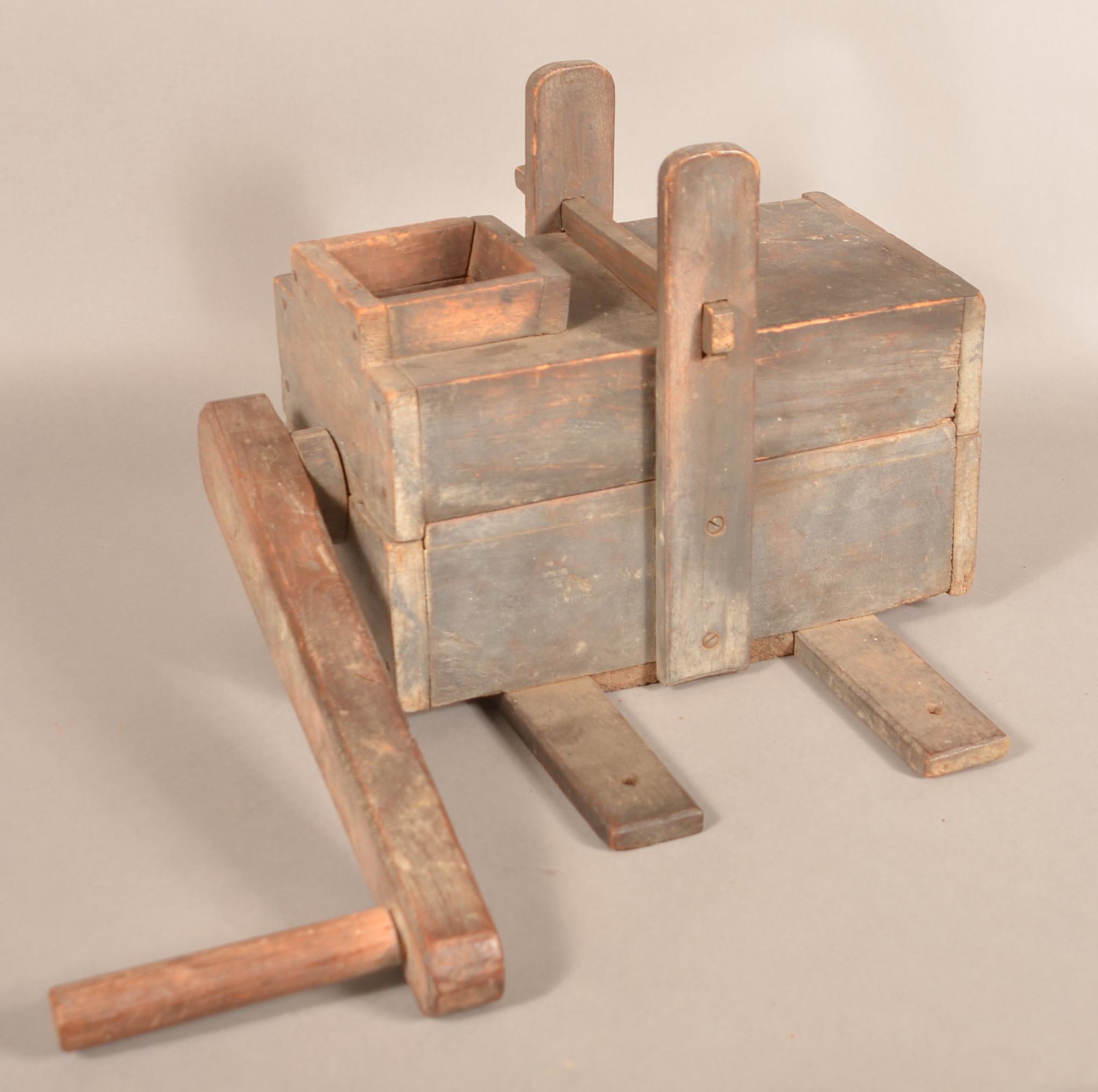 Antique Crank Action Wooden Meat Grinder.: Antique Crank Action Wooden Meat Grinder. 12"h. x 18"w. Condition: Good with use wear.