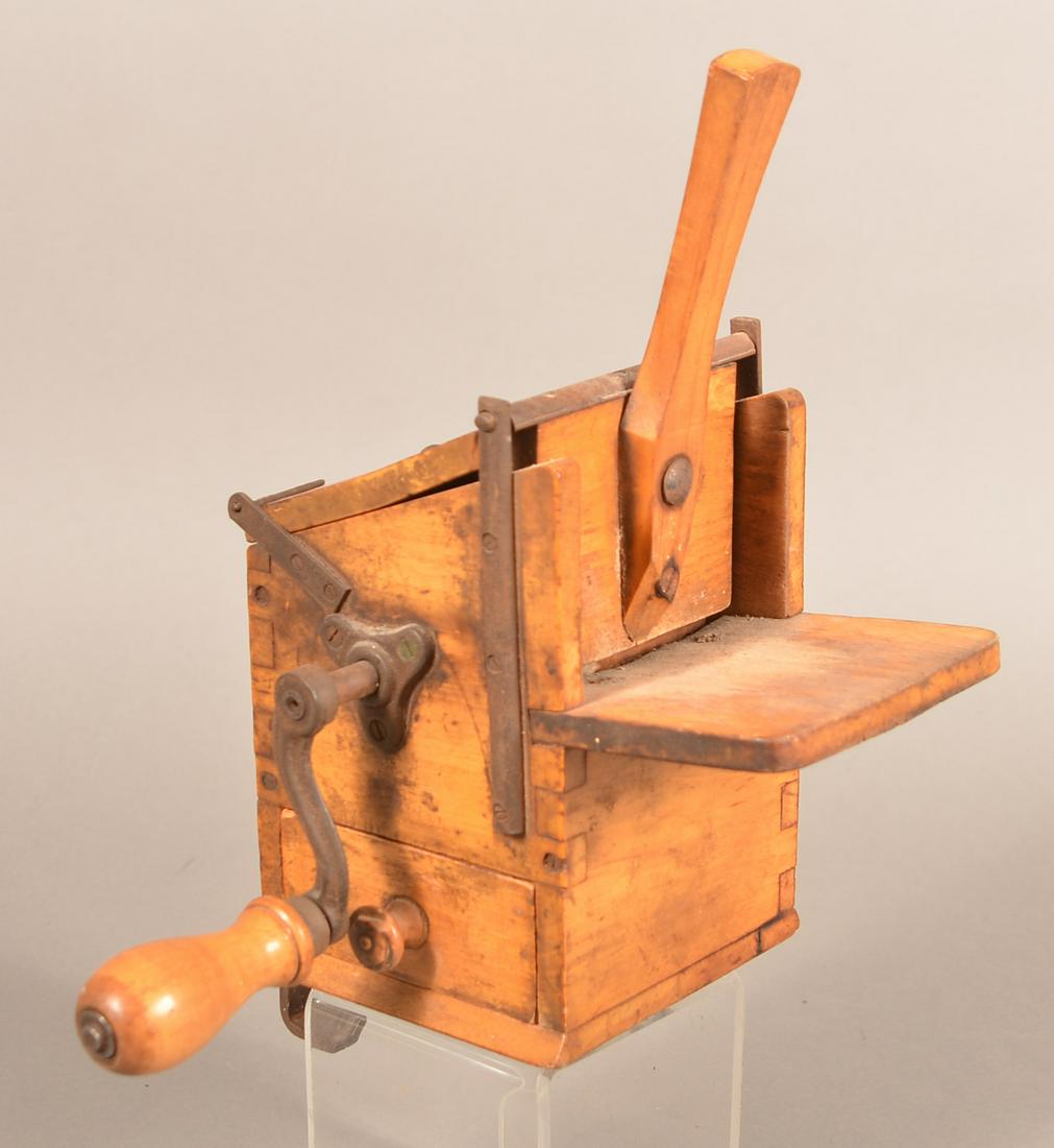 Antique Wood Table Mount Coffee Mill.: Antique Wood Table Mount Coffee Mill. Labeled Andrew Ferrari & Sons, New York. 12"h. Condition: Good with use wear.