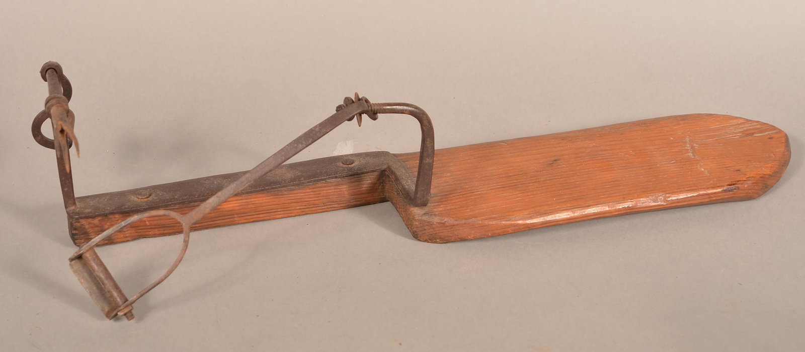 Primitive 19th Cent. Wood & Wrought Iron Apple Peeler.: Primitive 19th Century Wood and Wrought Iron Apple Peeler. 22"l. Condition: Good with use wear.