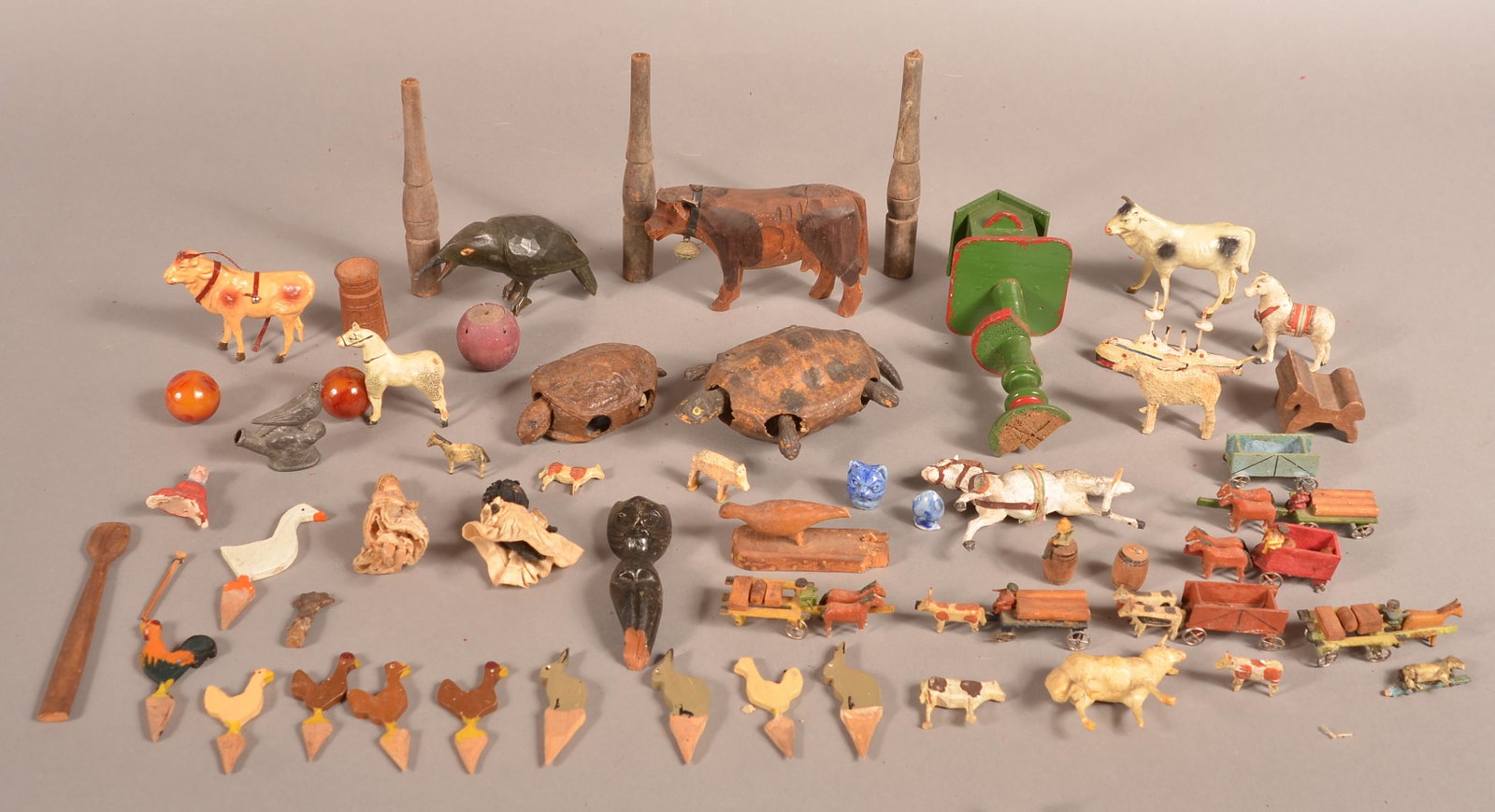 Antique/Vintage Wood and Composition Animals & Toys.: Lot of Antique/Vintage Wood and Composition Animals and Toys. Condition: Fair with wear and loss.