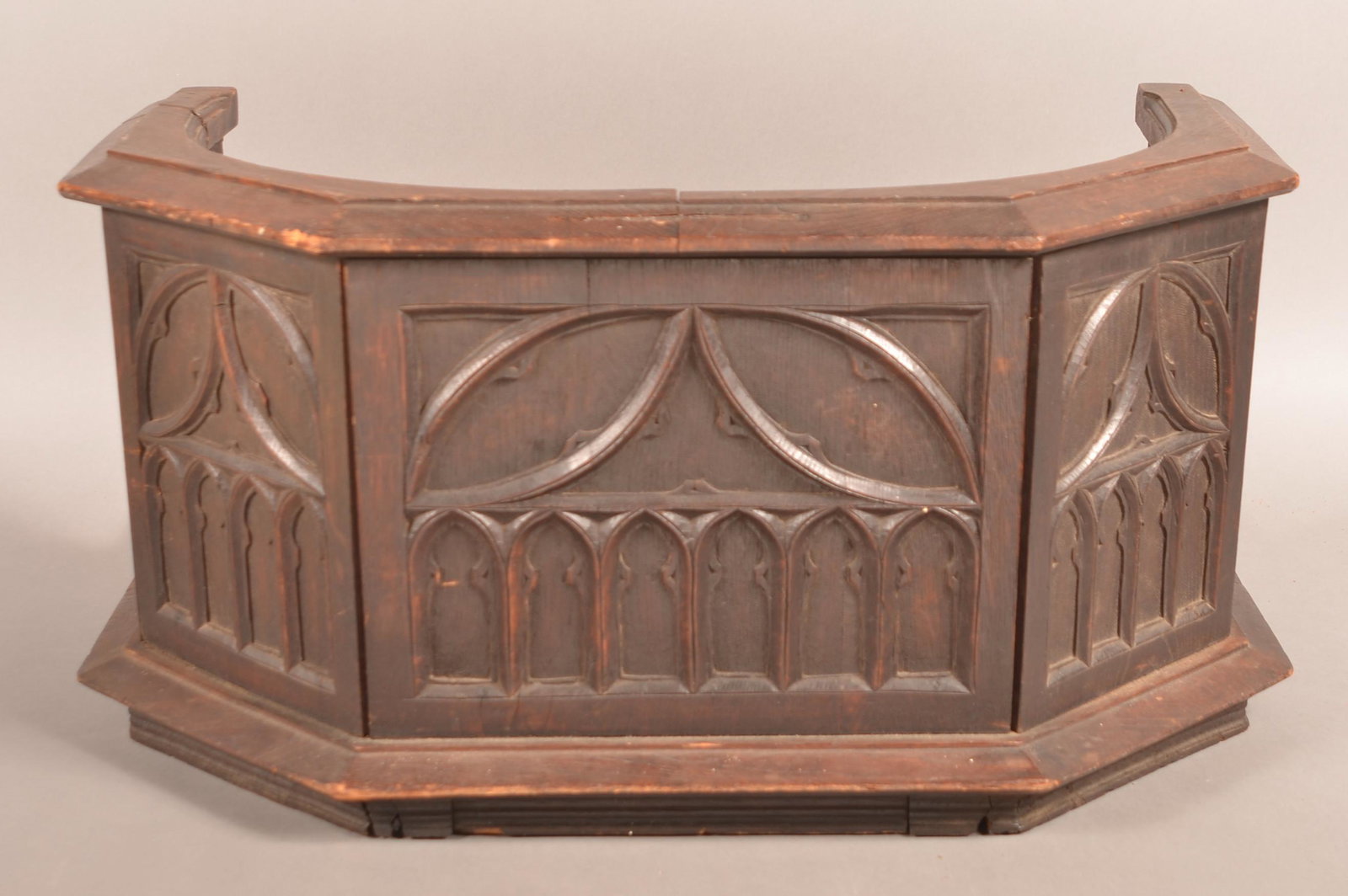 Victorian Gothic Oak Church Pulpit.: Victorian Gothic Oak Church Pulpit. 13"h. x 27"w. x 20"d. Condition: Good with wear, missing feet.