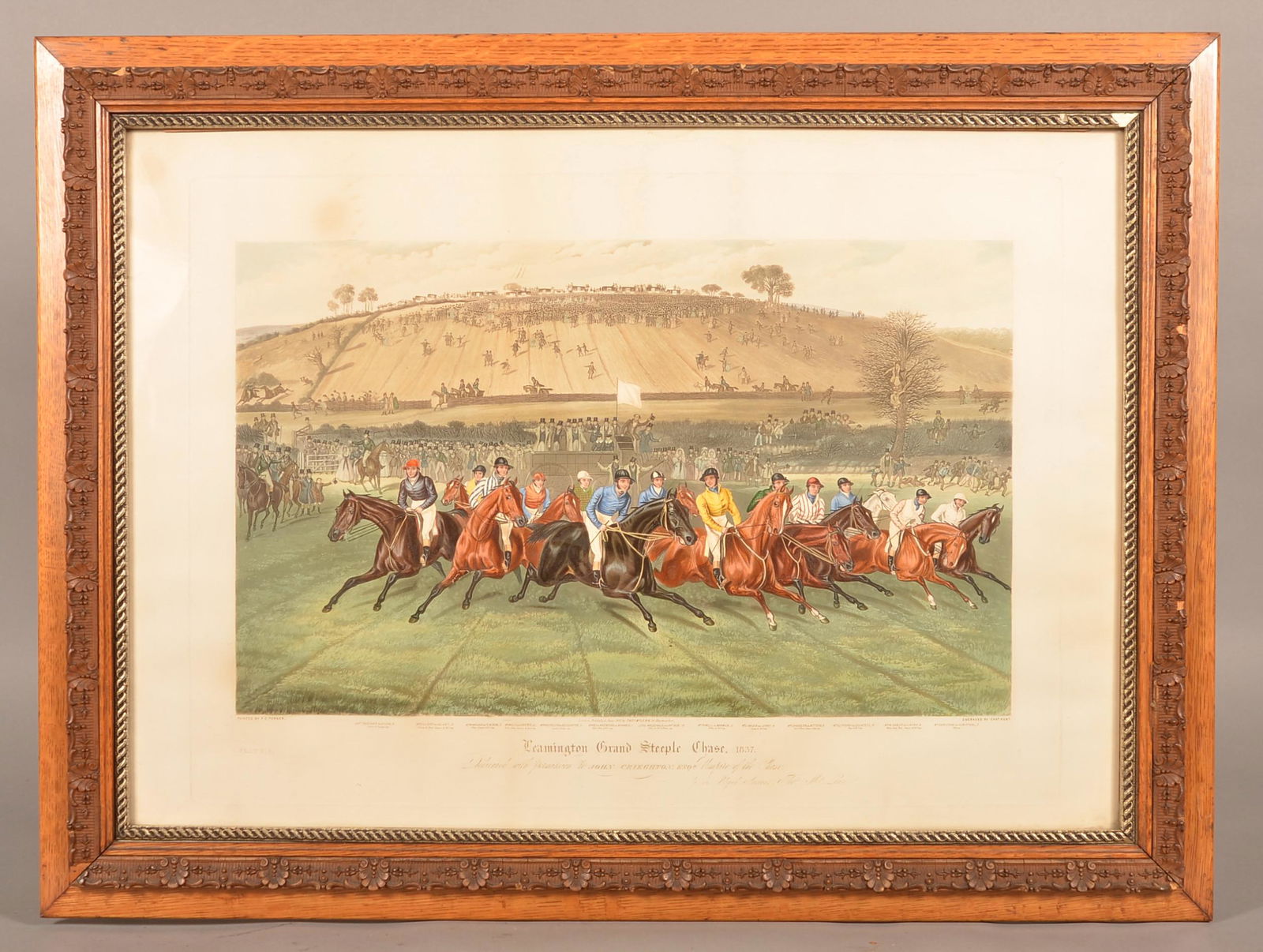 "Leamington Grand Steeple Chase" Colored Aquatint.: Charles Hunt after F.C. Turner "Leamington Grand Steeple Chase" Colored Aquatint. In a period frame, 27-1/2" x 36-1/2" overall. Condition: Good with light toning. Frame has some loss.