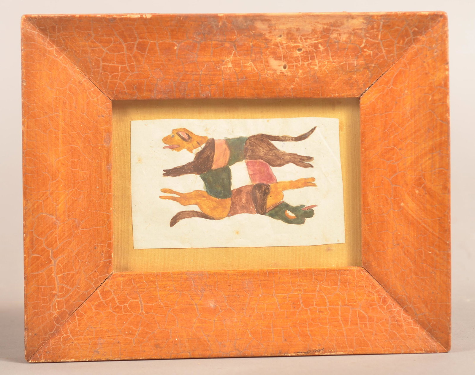 PA Watercolor and Ink Folk Art Drawing of Two Dogs.: Watercolor and Ink Folk Art Drawing of Two Dogs. Pennsylvania Early 19th Century. Image 2-1/4" x 3-1/2", in a period grain painted frame, 6" x 7-1/4" overall. Condition: Good with light foxing, frame 