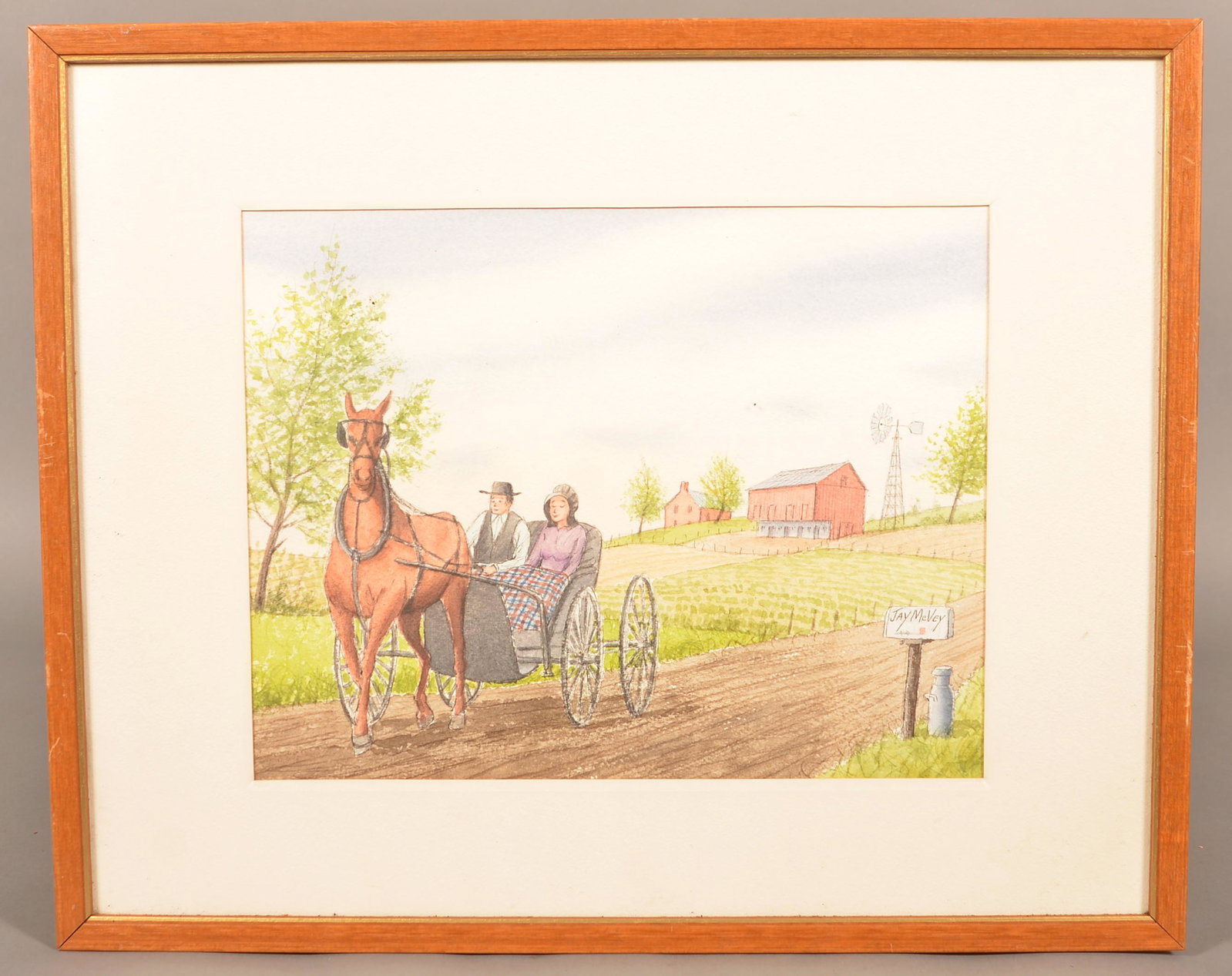 Jay McVay Pen and Ink Watercolor Amish Farm Scene.: Jay McVay Pen and Ink Watercolor Amish Farm Scene. (Ephrata, Lancaster County, PA artist, 1922-1981). Horse drawn sulky with Amish couple with farmstead in background. Signed on mailbox. Framed and ma