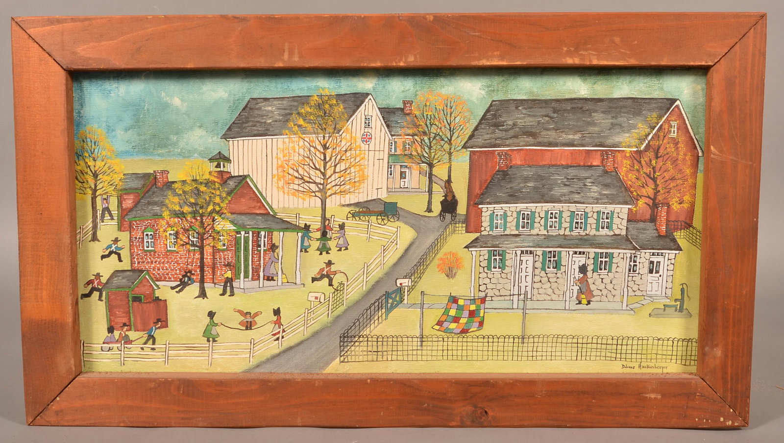 Dolores Hackenberger Oil Autumn Amish Scene.: Dolores Hackenberger Oil on Canvas Depicting an Autumn Amish Scene. Farmsteads and children playing outside of a schoolhouse. In an original rustic wood mitered frame, 15-1/4" x 27" overall. Condition