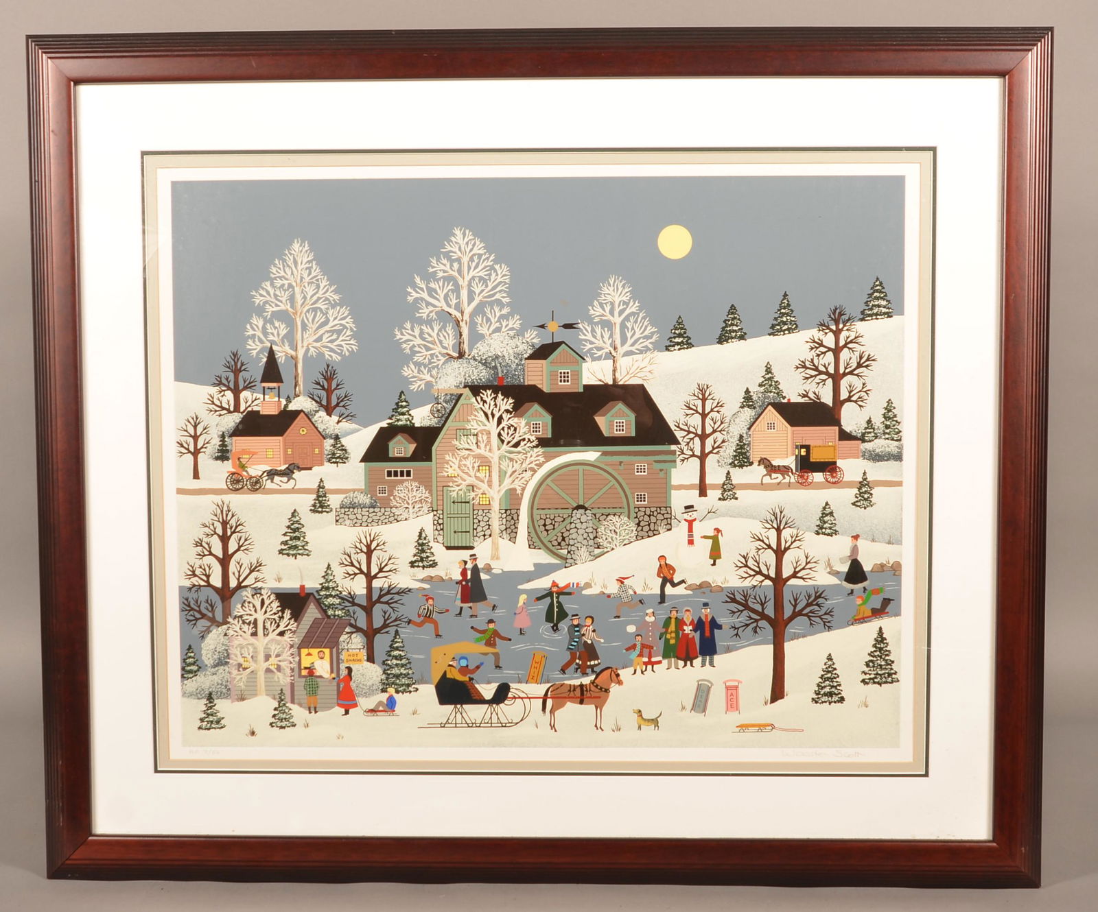 Jane Wooster Scott "Moonlight Funning" Serigraph.: Jane Wooster Scott "Moonlight Funning" Serigraph. Limited edition Artist proof # 7/50. Framed and matted, 33" x 39" overall. Condition: Very good with minor stains on backing paper only.