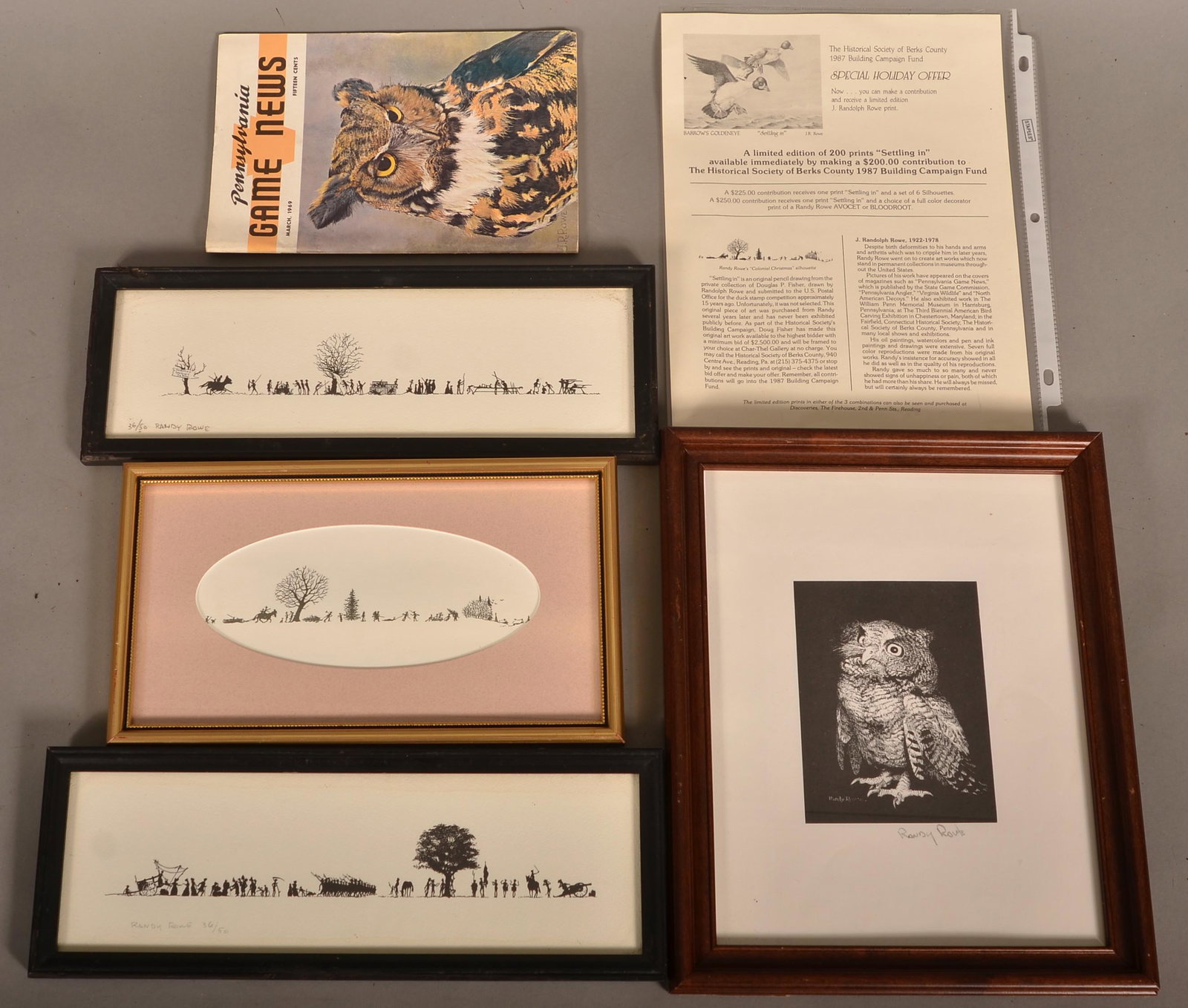 Lot of J. Randy Rowe Prints.: Lot of J. Randy Rowe Prints. (J. Randolph Rowe, Berks County, PA, 1922-1978). Three framed limited-edition silhouette prints and one framed owl print by Randy Rowe, along with the silhouette informati