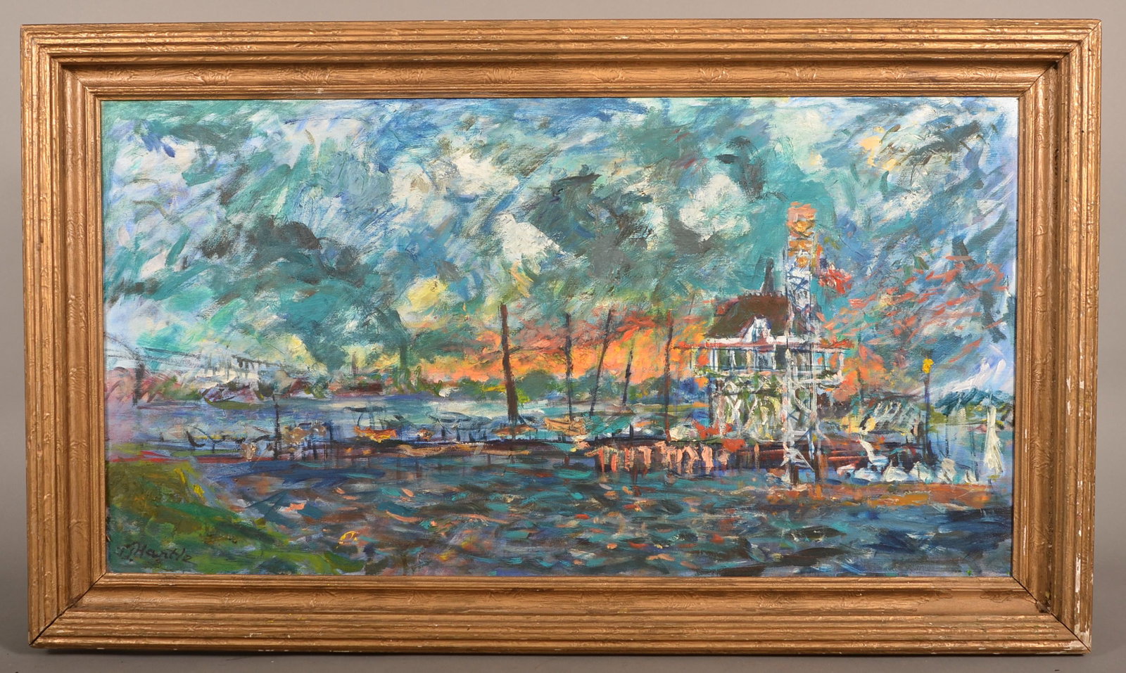 J. Hartle Oil On Canvas Impressionist Harbor Painting.: J. Hartle Oil On Canvas Impressionist Harbor Painting. (J. Hartle, Pennsylvania, 20th century). Signed lower left J. Hartle. Depicting a dramatically colorful harbor sunset with sailboats next to the 