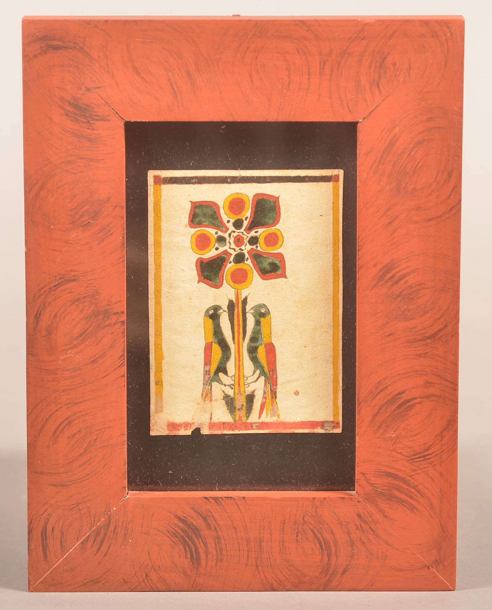 PA Watercolor and Ink on Paper Presentation Fraktur.: Pennsylvania Watercolor and Ink on Paper Presentation Fraktur. 19th Century. Drawing of a colorful facing birds, perched on a floral stem. In a modern painted frame, 8" x 6" overall. Condition: Good w