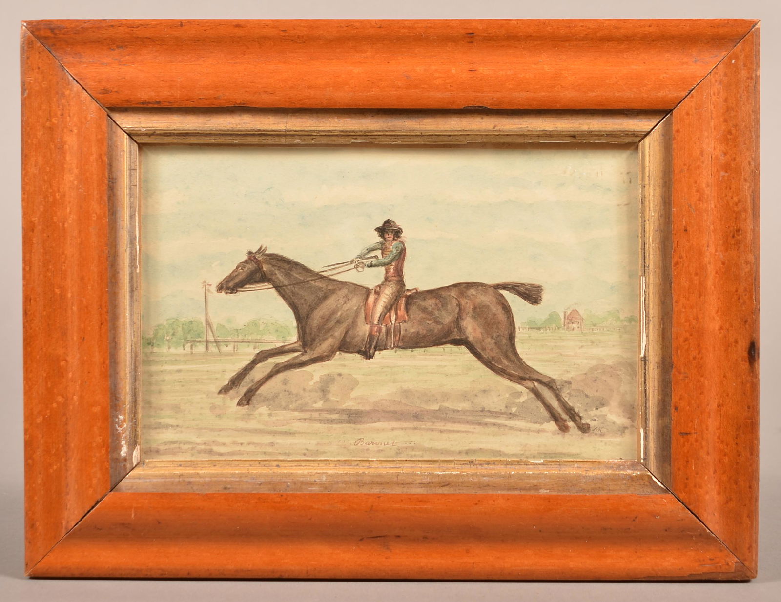 English 19th Century Watercolor Man on Horseback.: English 19th Century Watercolor Man on Horseback. Signed lower center "Baronet". In a molded frame, 8-1/2" x 11" overall. Condition: Good with even toning.