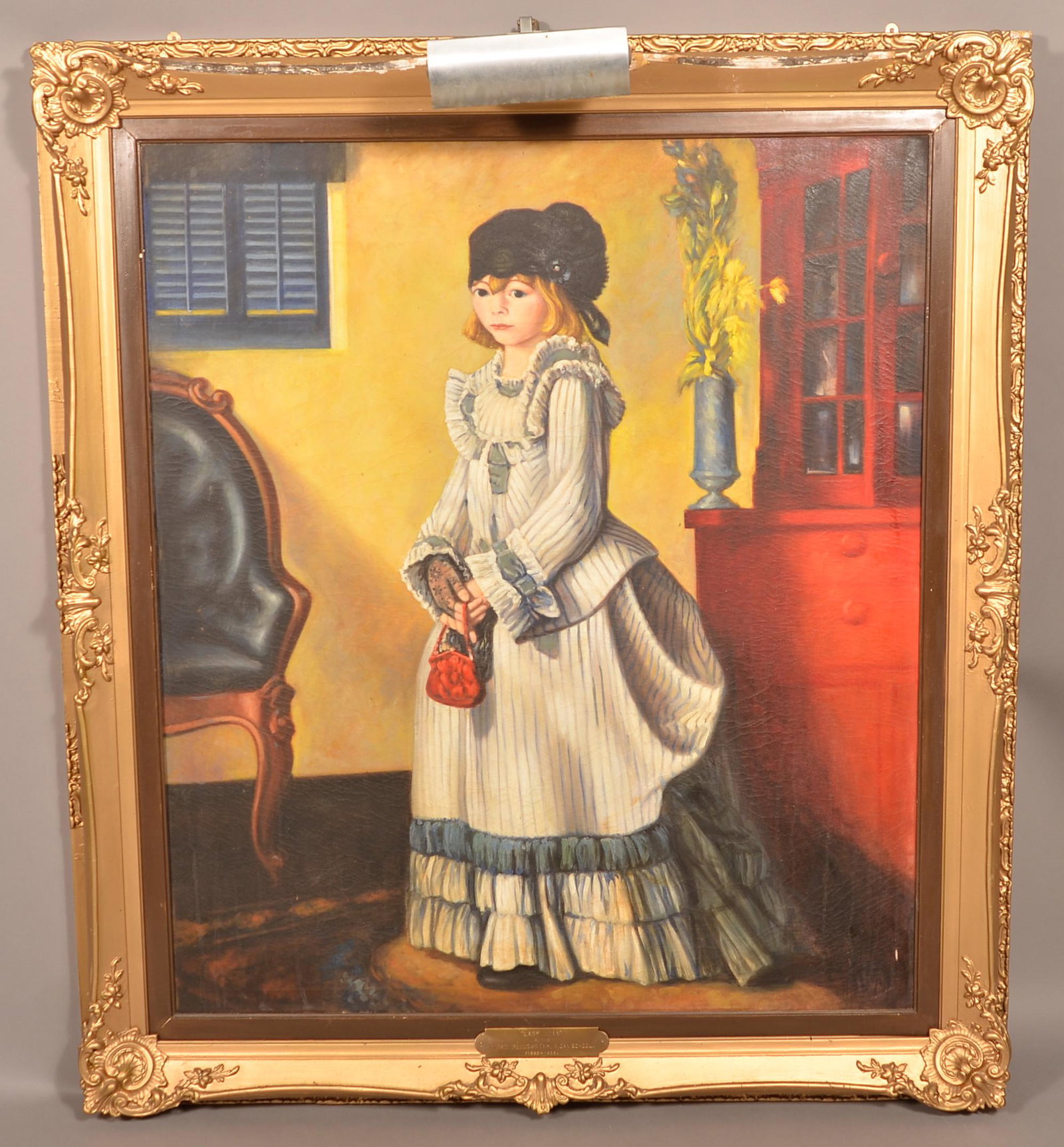 Oil on Canvas Painting of a Young Lady: Oil on Canvas Painting of a Young Lady. Metal tag stamped "Lady Jean after George Bellows (American School 1882-1925). In a gilt frame, 55" x 49" overall. Condition: Good with some loss.